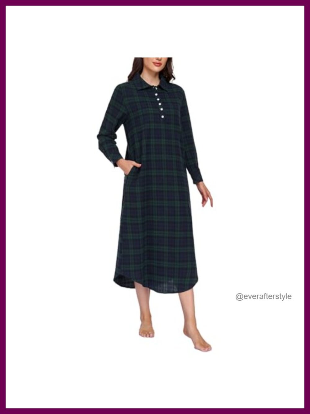 Womens Cotton Flannel Nightgown Long Sleeve Midi Button Down Pockets